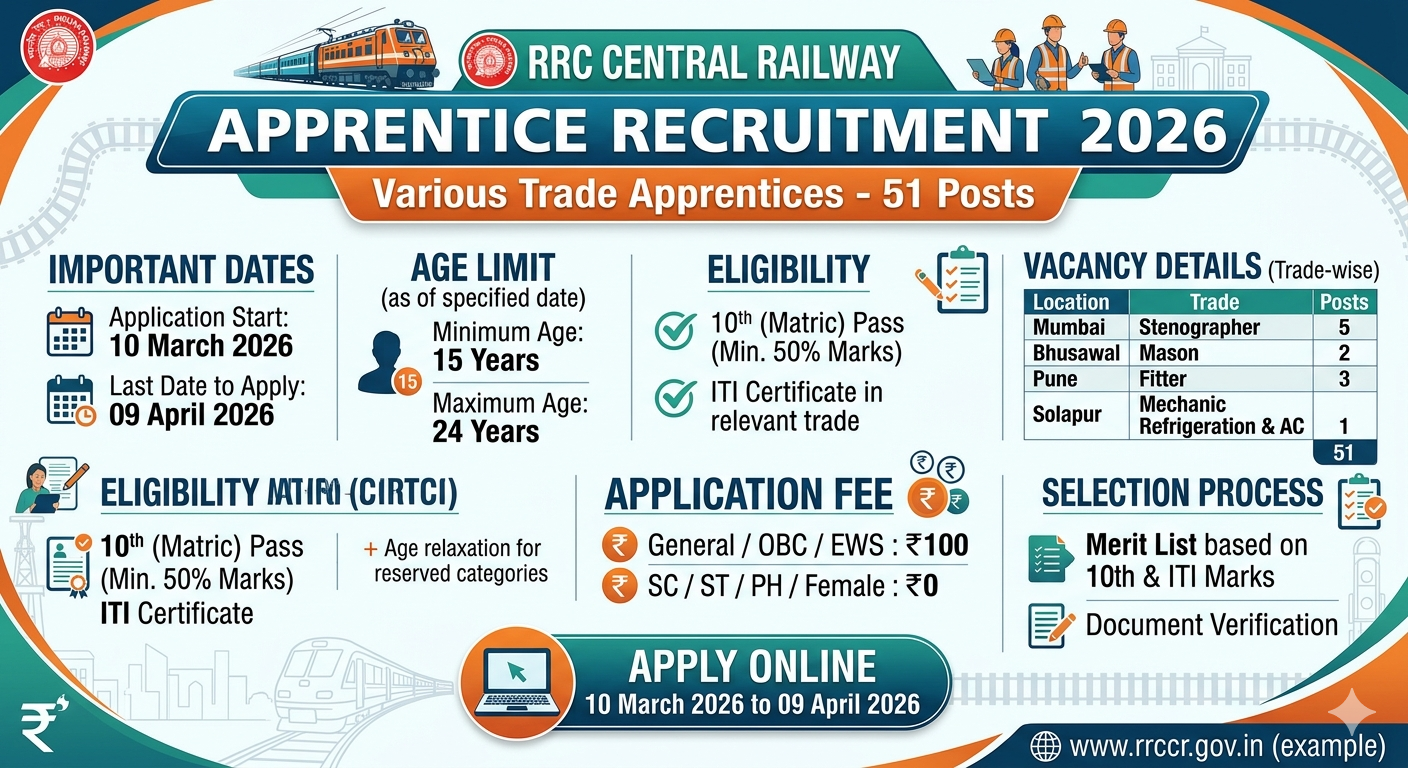 RRC Central Railway Apprentice Recruitment 2026: Apply Online, Eligibility, Age Limit, Vacancy Details